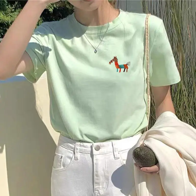 Women's Unisex Short Sleeve T-Shirt 100% Cotton Embroidered Pony White New Arrival 2026 Plus Size Loose Fit Versatile Student Co
