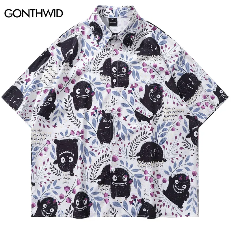 Funny Cartoon Graphic Print Shirts Men Loose Short Sleeve Button Up Blouse Streetwear 2024 Harajuku Hip Hop Summer Beach Tops