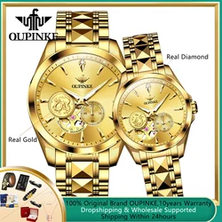 OUPINKE Skeleton Real Gold Real Diamond Couple Watch Tungsten Steel Strap Luxury Fully Automatic Mechanical Watch for Men Women