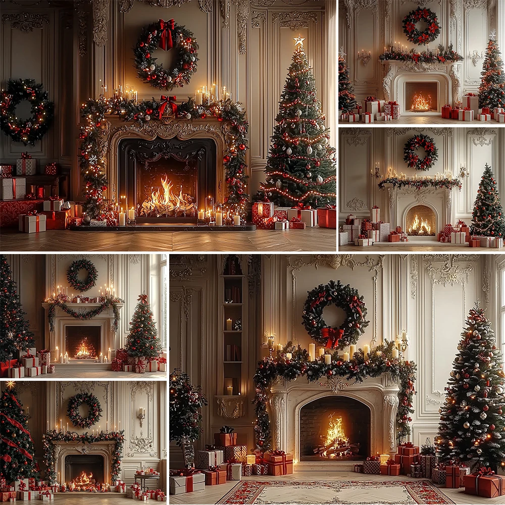 Mocsicka Photography Background Christmas Tree Fireplace Stock Holiday Decorations Kids Portrait Photo Backdrops Studio Props