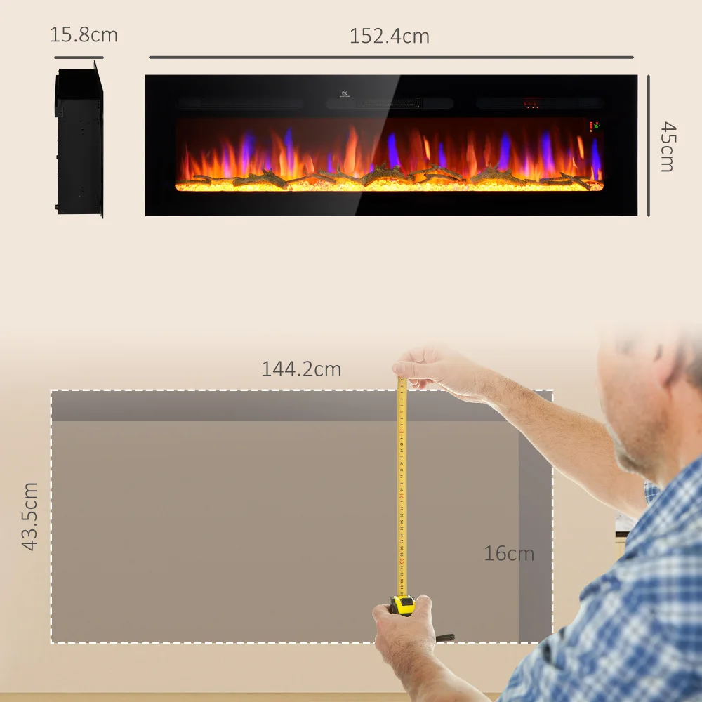 60 inch elektrische inbouwhaard en wandmontage met afstandsbediening, 1500 W open haardkachel met 8 uur timer, verstelbare vlam