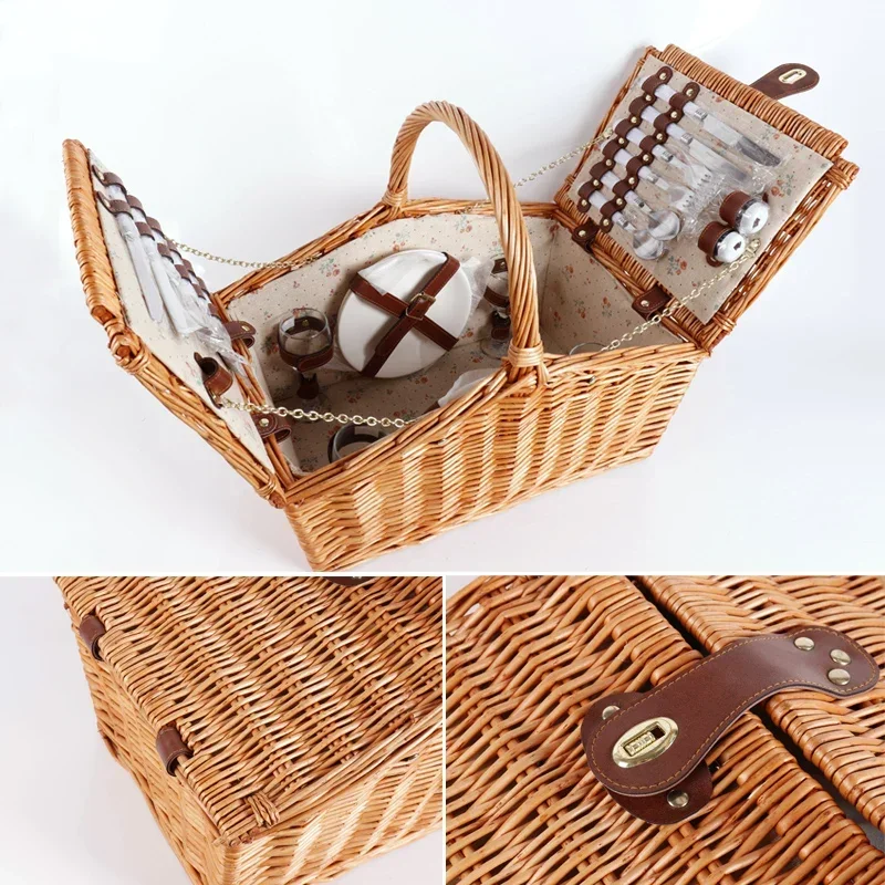 Outdoor Rattan Picnic Basket Large Ins Tote Breathable Spring Basket with Handle Rustic Wooden Fruit Basket Rattan Picnic