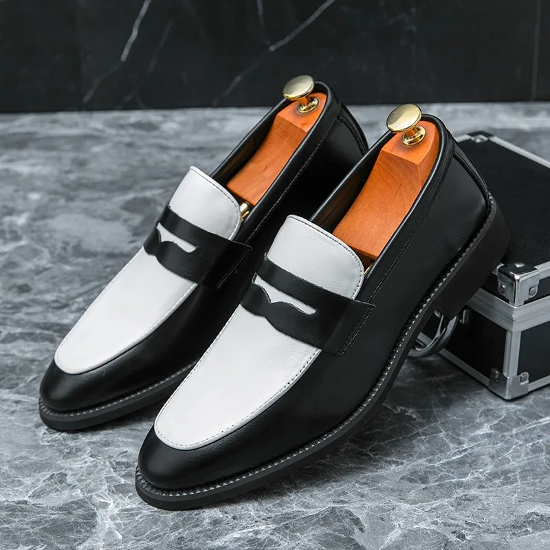 

Men Black White Penny Loafers Crocodile Pattern Fashion Color Mixed Party Business Leather Shoes Luxury Summer Slip-On Footwear