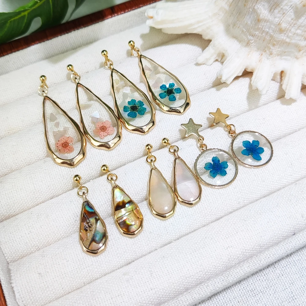 Unique Elegant Resin Pressed Flowers Gold Plated Drop Earrings Anniversary Engagement Fine Jewelry