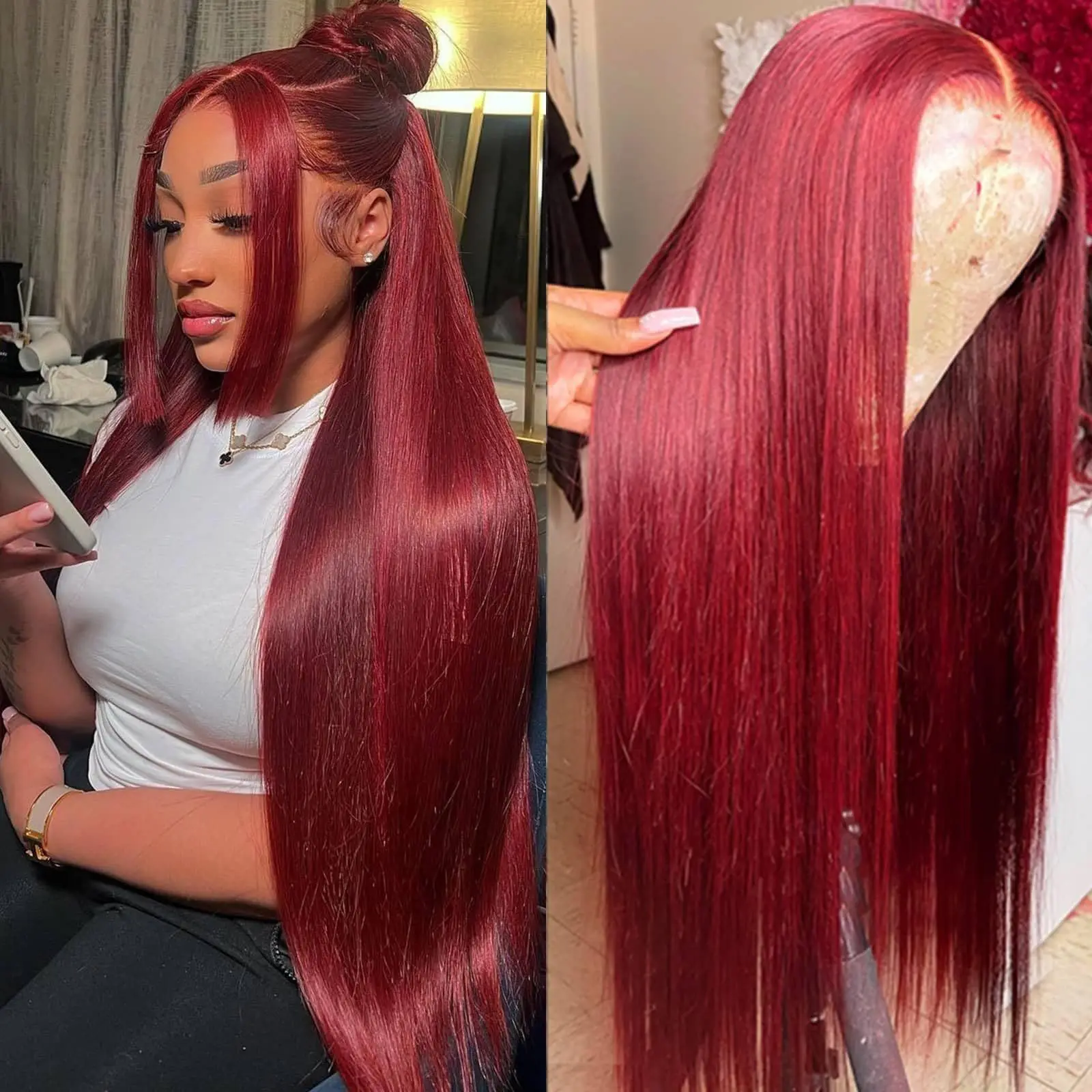 Pelucas de cabello humano liso, peluca con malla Frontal, pelucas de cabello humano 99J, color rojo burdeos, 13x6 HD, Frontal de encaje transparente prearrancado