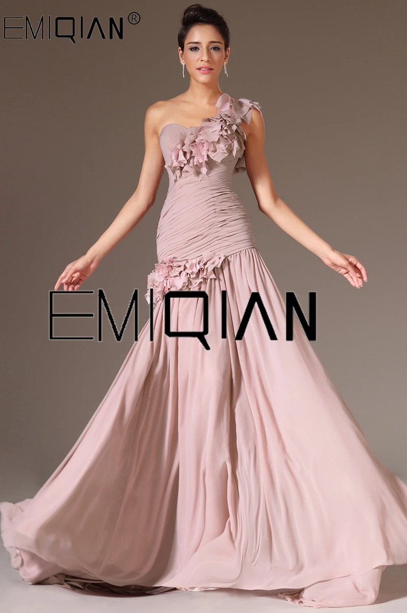 New Fashion One Shoulder with Flowers on Evening Gown Dusty Pink Chiffon Mermaid Evening Dresses