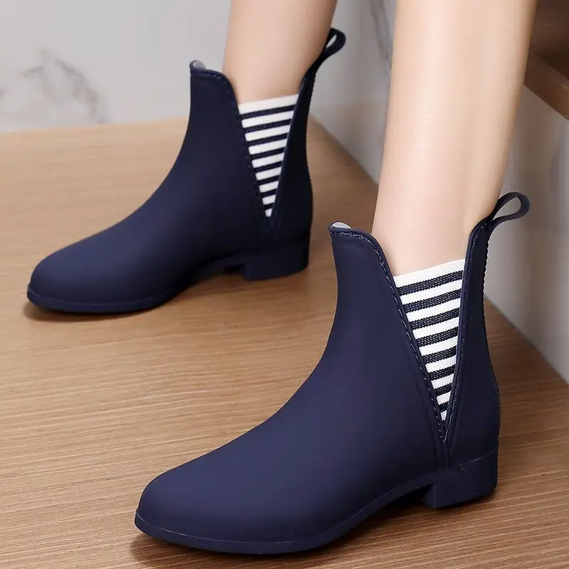 

New striped rain boots for women spring low heels waterproof shoes ladies fashion chelsea boot woman pointed toe PVC galoshes