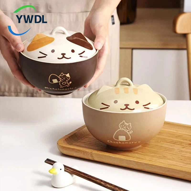 YWDL 550ml Cartoon Cat Ceramic Instant Noodle Bowl With Lid Underglaze Color Soup Salad Bowl Kitchen Office Student Lunch Box