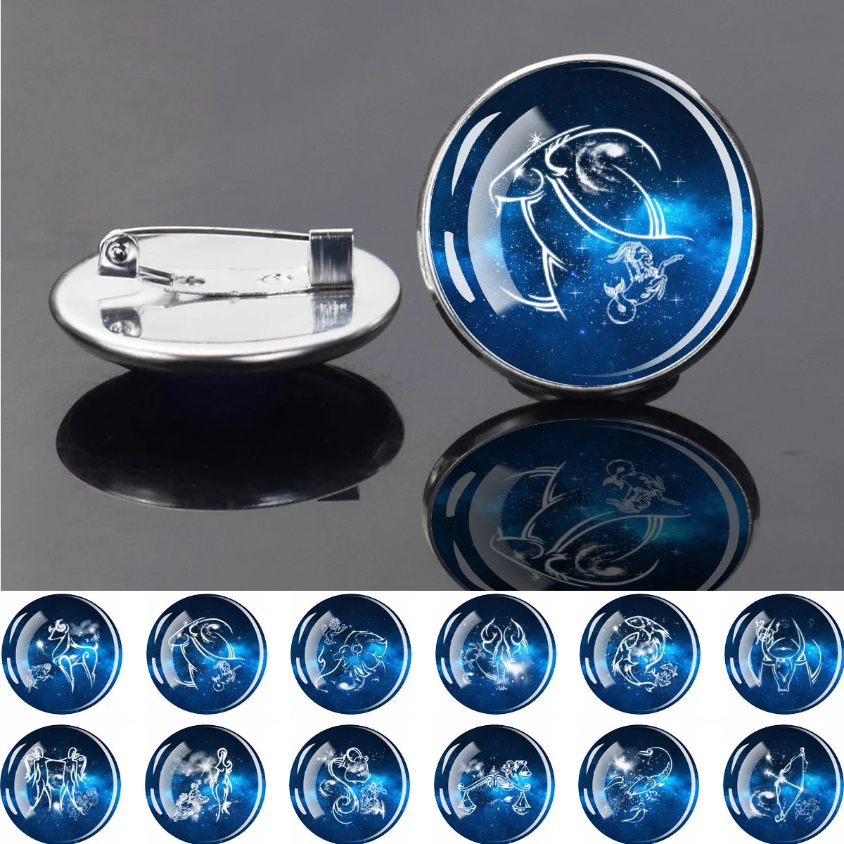 1PC Twelve Constellations Pattern Circular Brooch, Exquisite Glass Adhesive Clothing Decoration Accessory, Birthday Gift Giving