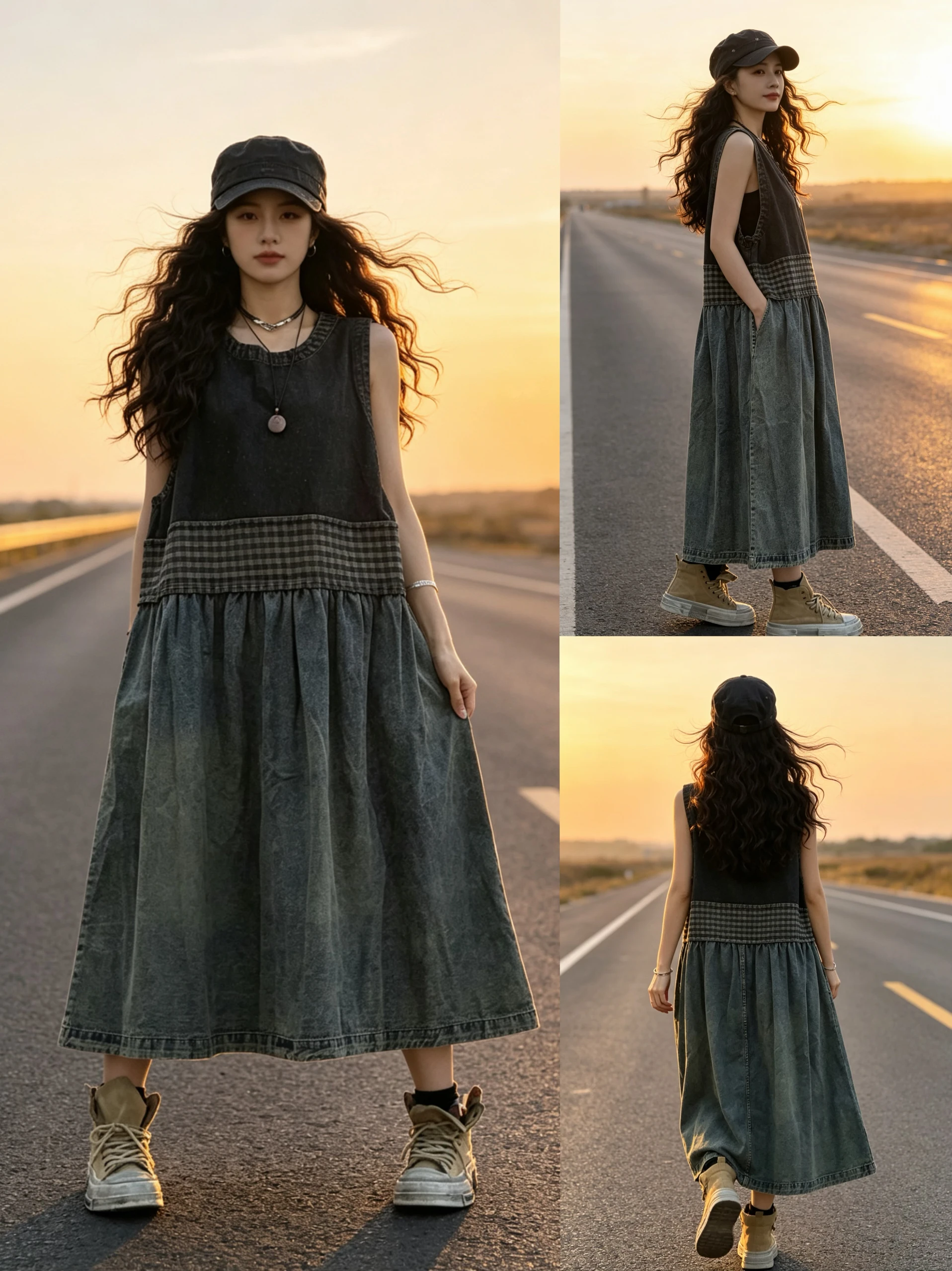 

Retro Plaid Splicing Denim Dress Women's Casual Loose Feeling Vest Skirt Cotton Ramie Spring Summer New Arrival
