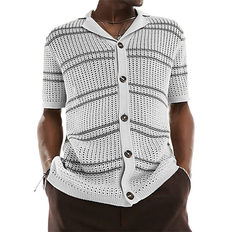 

Daily Leisure Hollow Out Breathable Knit Shirt Men Short Sleeve Button Lapel Striped Knitwear Mens Summer Beach Knitted Cardigan