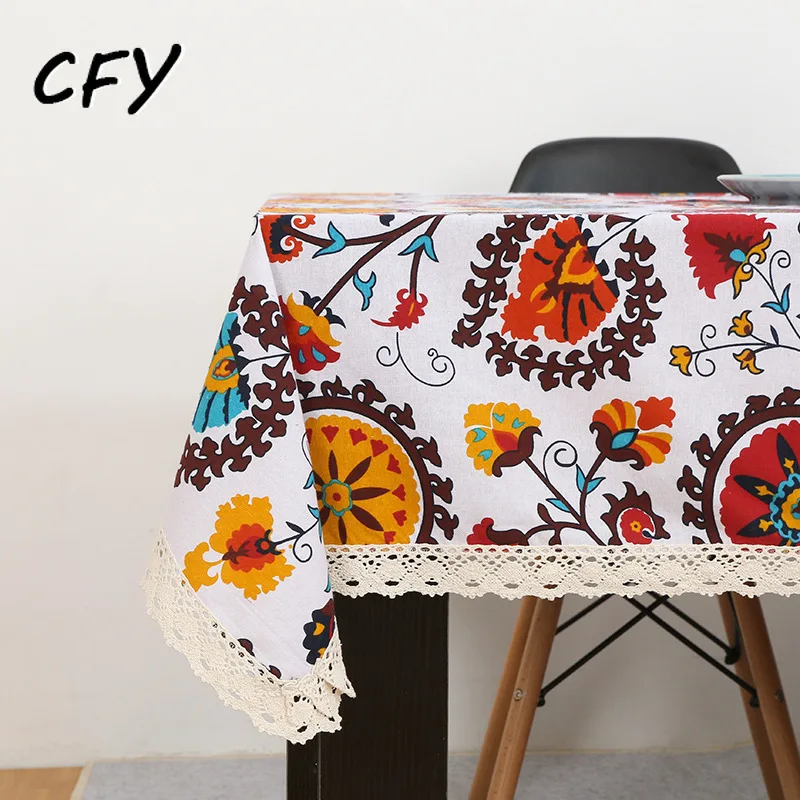 

American Pastoral Ethnic Style Print Cotton Linen Rectangular Tablecloth Home Coffee Dining Table Fireplace Microwave Cover