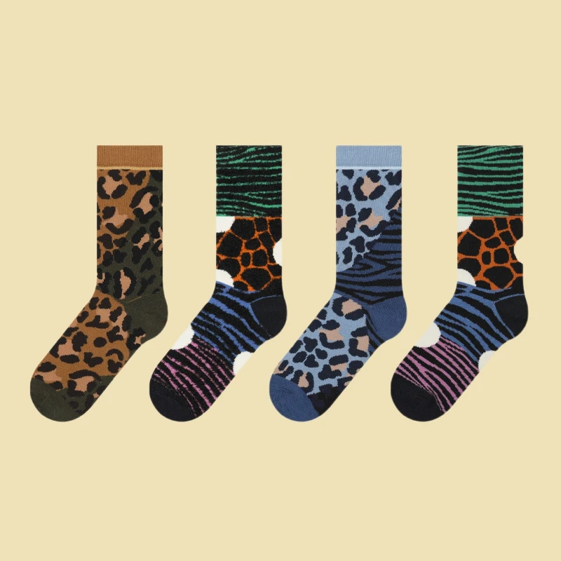 

3 Pairs Men's Leopard Socks Animal Printed Novelty Combed Cotton Socks for Couple Street Tide Funky Crew Middle Socks Men Casual