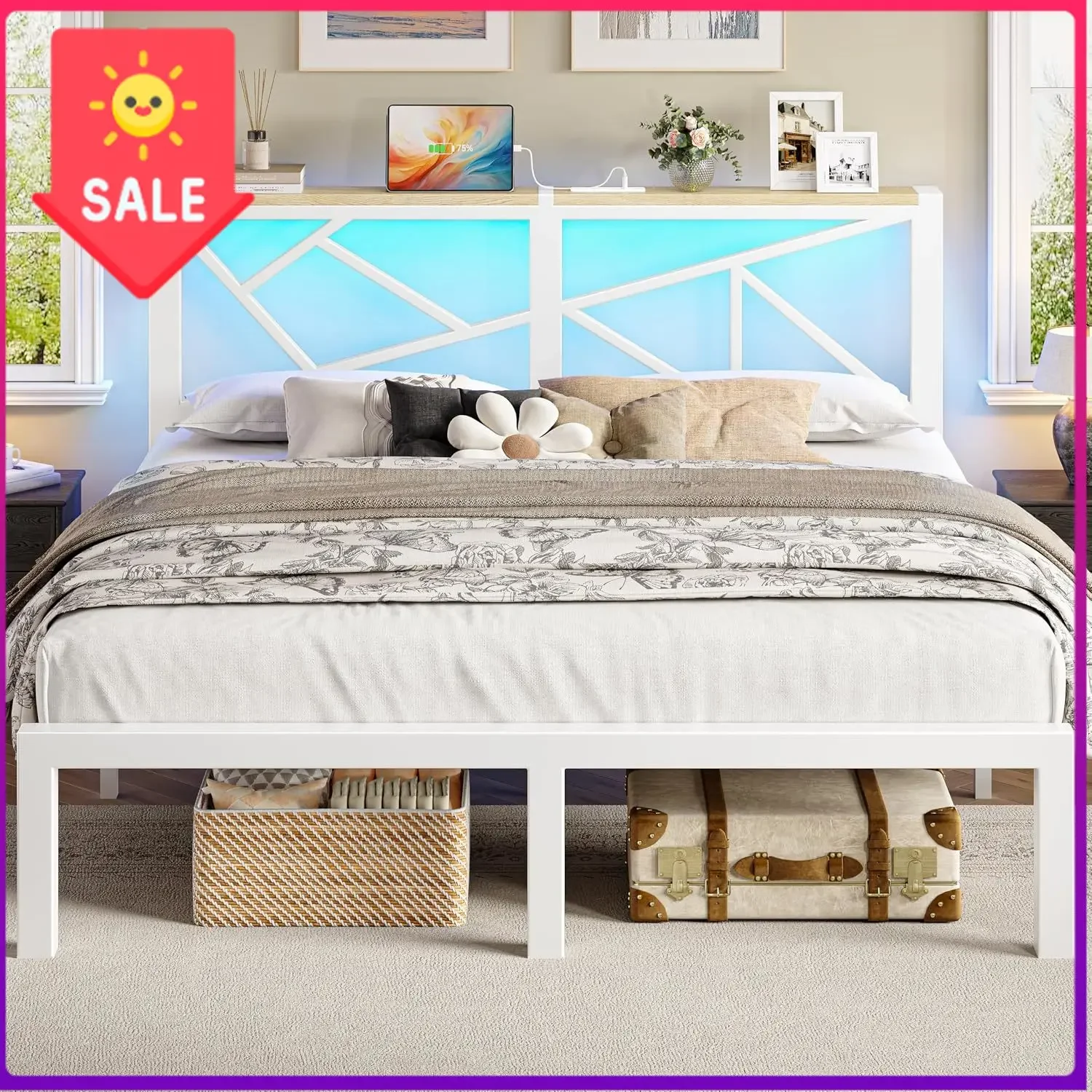 King White Metal Bed Frame with USB Charging Station | Noise Free, Easy Assembly, Wooden Storage Headboard, LED Ambient