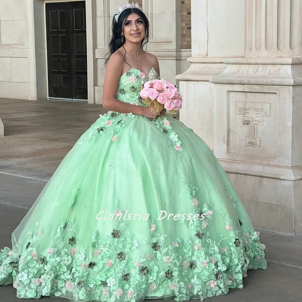 

Sage Green Sweetheart Sleeveless Mexican Quinceanera Dress Ball Gown 3D Flowers Appliques Lace Corset Vestidos De XV Anos