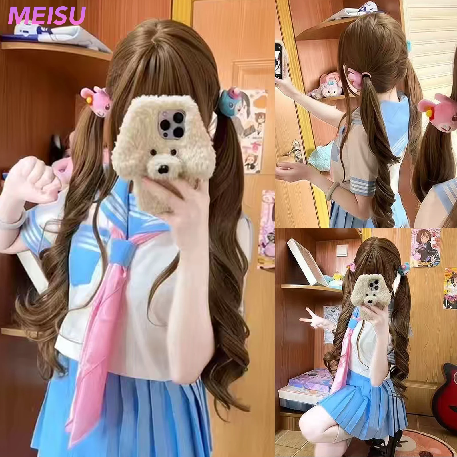 

MEISU 24-дюймовый 2-х хвост, парики с челкой в стиле Лолиты, коричневое синтетическое волокно, термостойкое, натуральное и гладкое, косплей, вечеринка, селфи для женщин