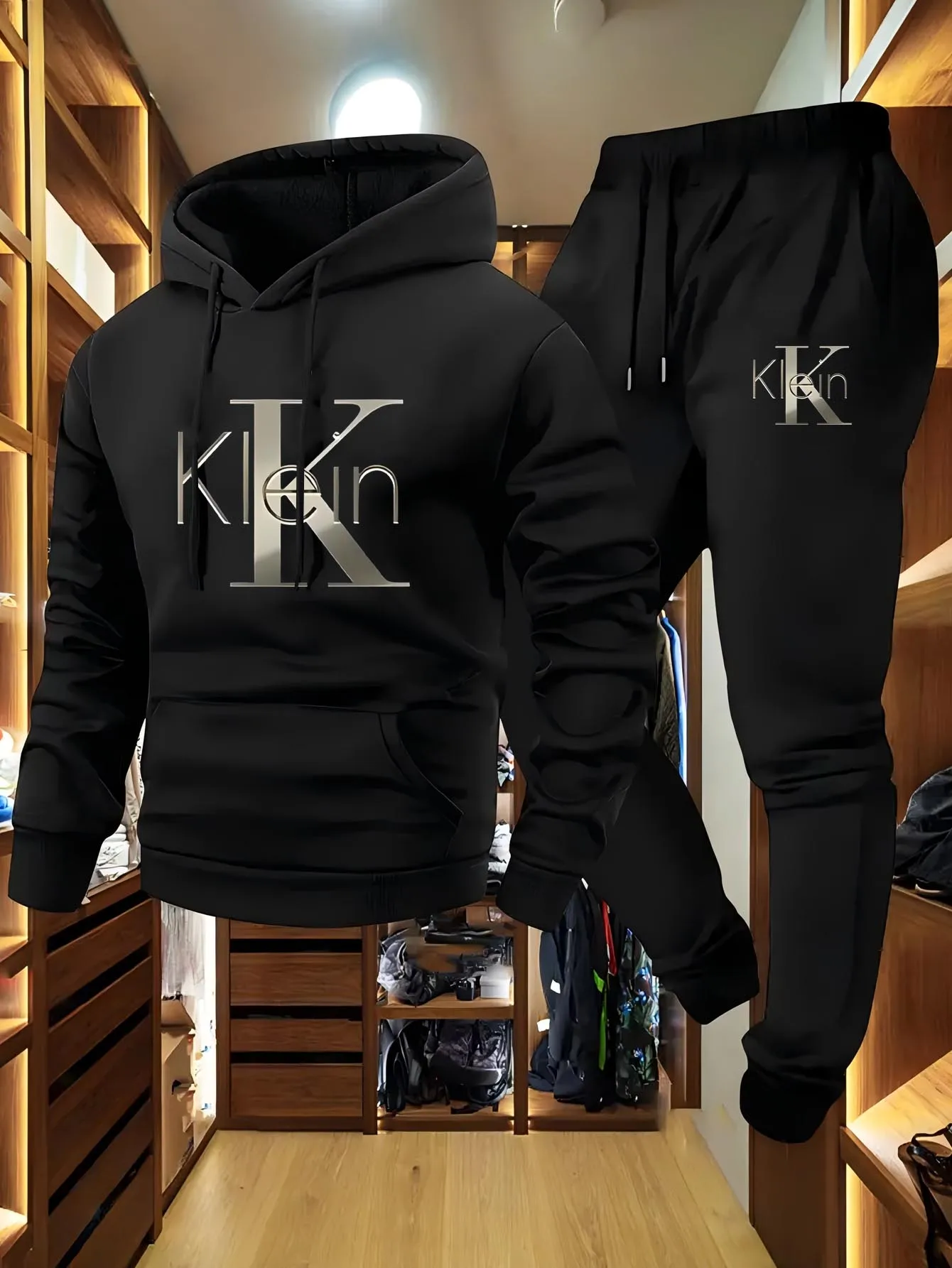 Completo casual da uomo in due pezzi con motivi autunnali e invernali, felpa con cappuccio, pantaloni lunghi con tasche, tuta sportiva da esterno