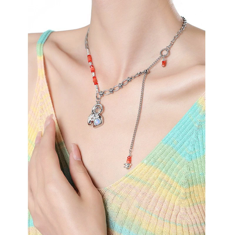 Eetit Popular Red Resin Moonstone Aries Tassel Chain Pendant Necklace Exquisite Zircon Zinc Alloy Stylish Jewelry Bijoux Femme