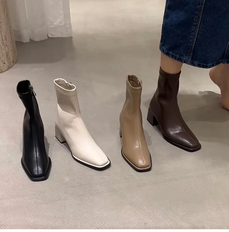 

Design Heel Ankle Boot Fashion Square Toe Zipper Elegant Ladies White Casual Short Chelsea Boots Soft Leather PU Botas Mujer