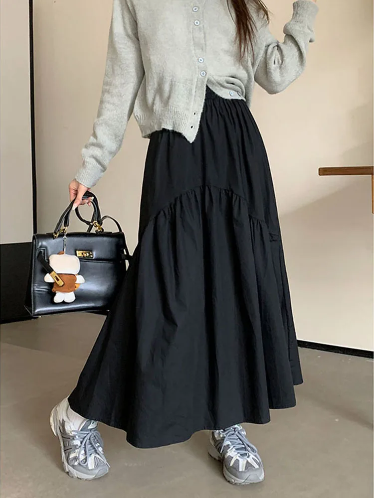 Harajuku Green Skirts Women Summer Korean Fashion High Waist Black White Long Skirt Jupe Femme