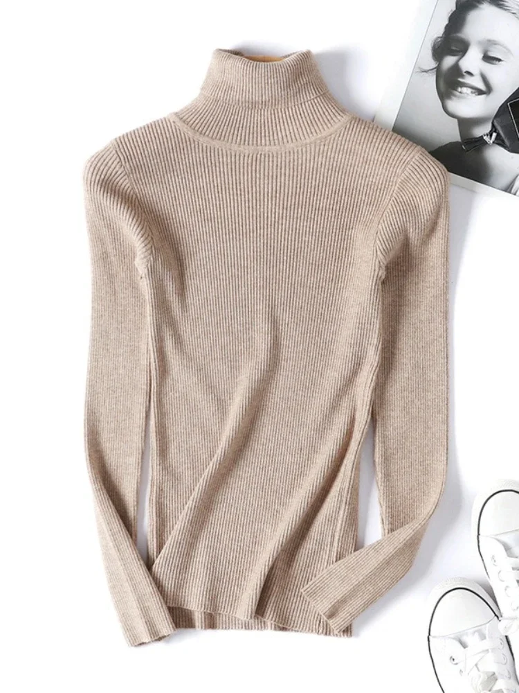 

Casual Soft Polo-neck Jumper New Autumn Winter Women Knitted Turtleneck Sweater Fashion Slim Elasticity Solid Ribbed Pullovers