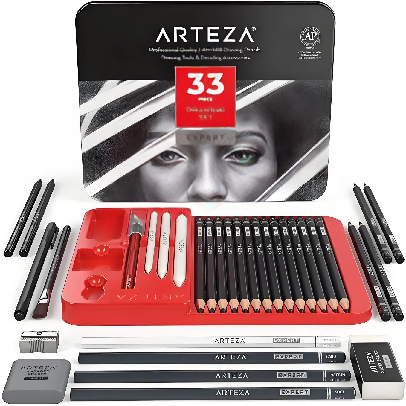 Arteza 33Pcs Drawing Set for Adults, Artist Sketching Kit with Graphite & Charcoal Pencils, Blenders, Erasers, Art Supplies