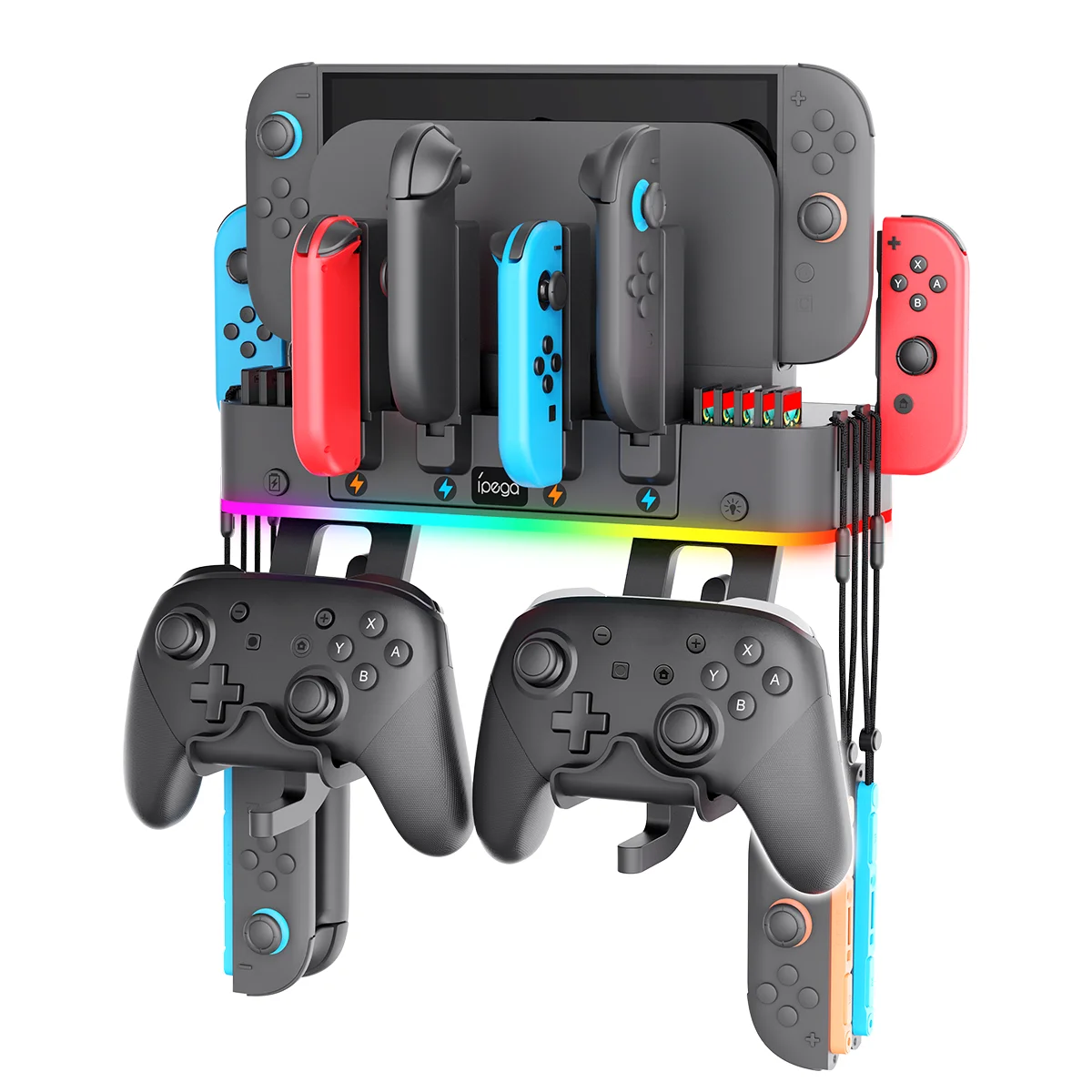 

Настенная зарядная станция для Switch 2/Switch 1 с защитой от низкого тока, RGB-подсветкой, 8 слотами для Joy-Con (4+4) и 10 слотами для игровых карт