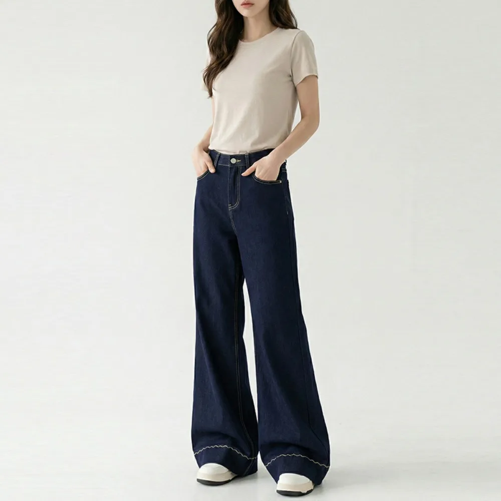 

Шикарные джинсы с широкими штанинами и выраженным линейным дизайном, эластичные, для весны и лета, женские, в корейском стиле, повседневные, для офиса и путешествий, прямые джинсы