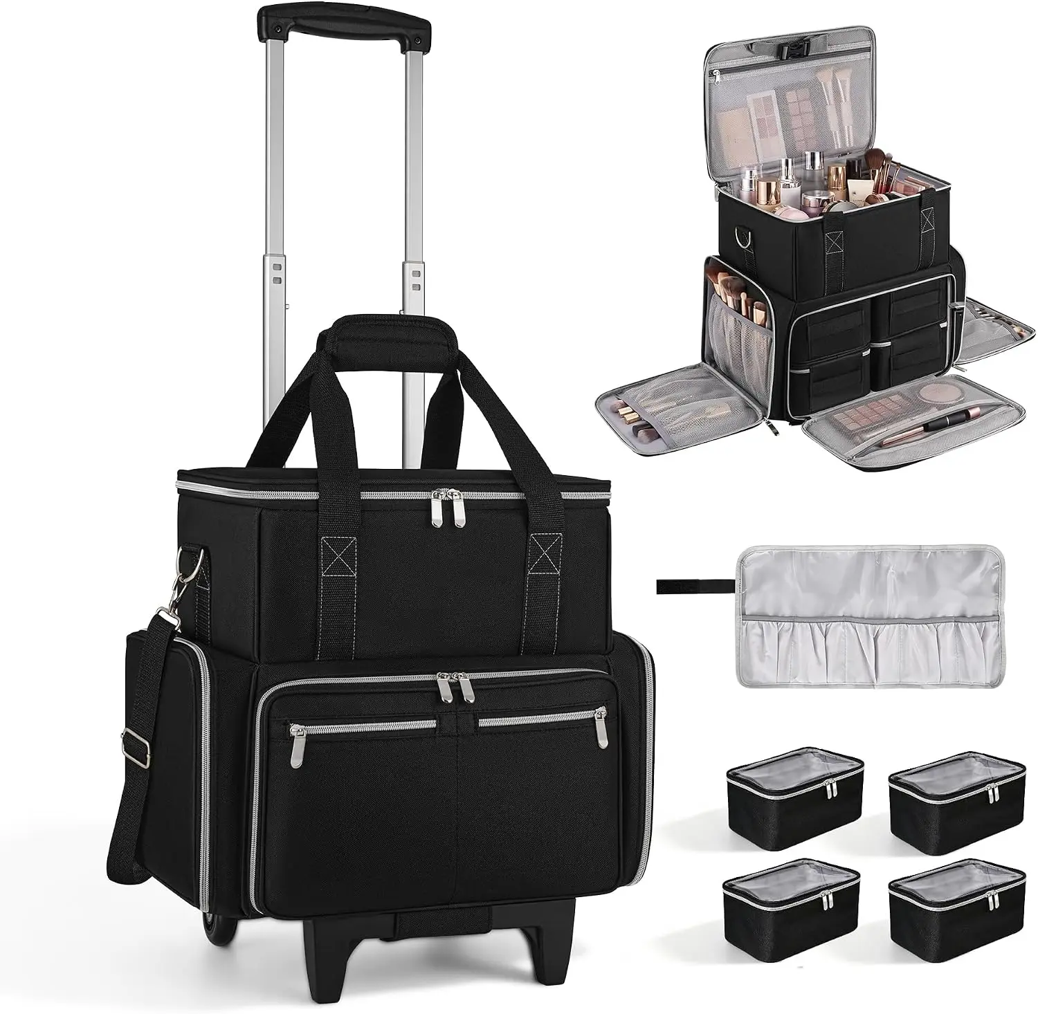 Rolling Makeup Case Professional Train Wheels Hair Tools Travel Bag 4 Removable Clear Bags Brush Adjustable Strap Dividers