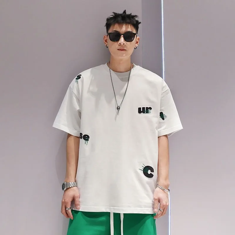 Japanese Version Cotton T-shirt Round Neck Large Size Thin Summer Tops Men New Embroidery Loose Casual Short Sleeves T-Shirts