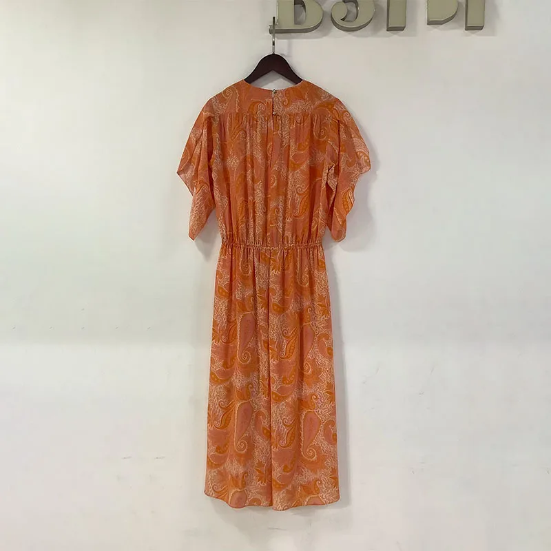 

Zadig Loose Robes Women Elastic Waist Summer Fashion Orange Dress Female Chic Floral Print Silk Crew Neck New Abaya Long Robe