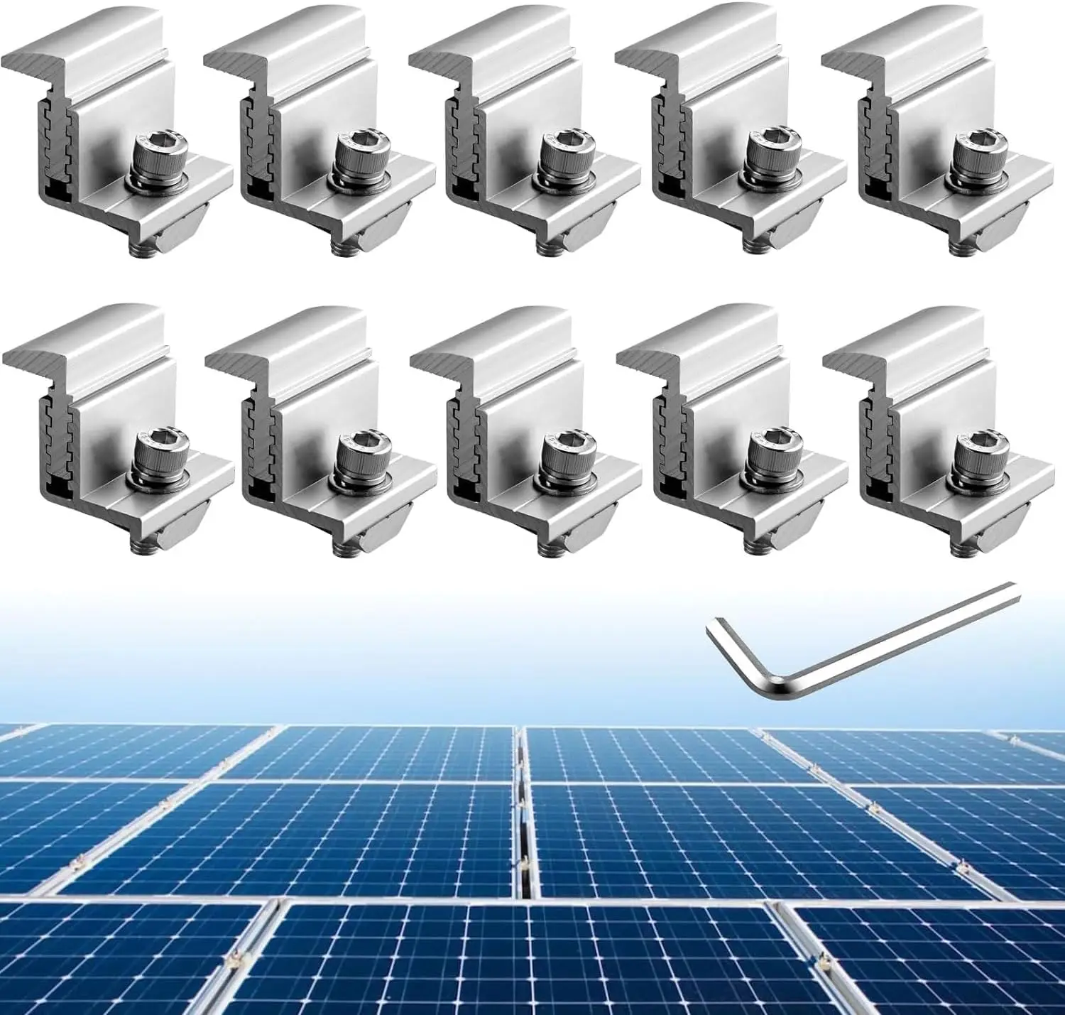 Premium 30-50mm Aluminum Solar End Clamp Kit, Anbte PV Mount Bracket with M8 Screws and Wrench for Metal Sheet Roof