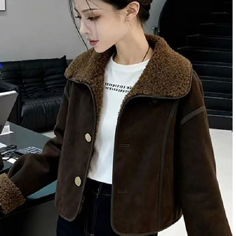 Women Faux Suede Shearling Jackets Lapel Fleece Lined Short Coats Chic Single‑Breasted Vintage Warm Winter Outerwear Streetwear