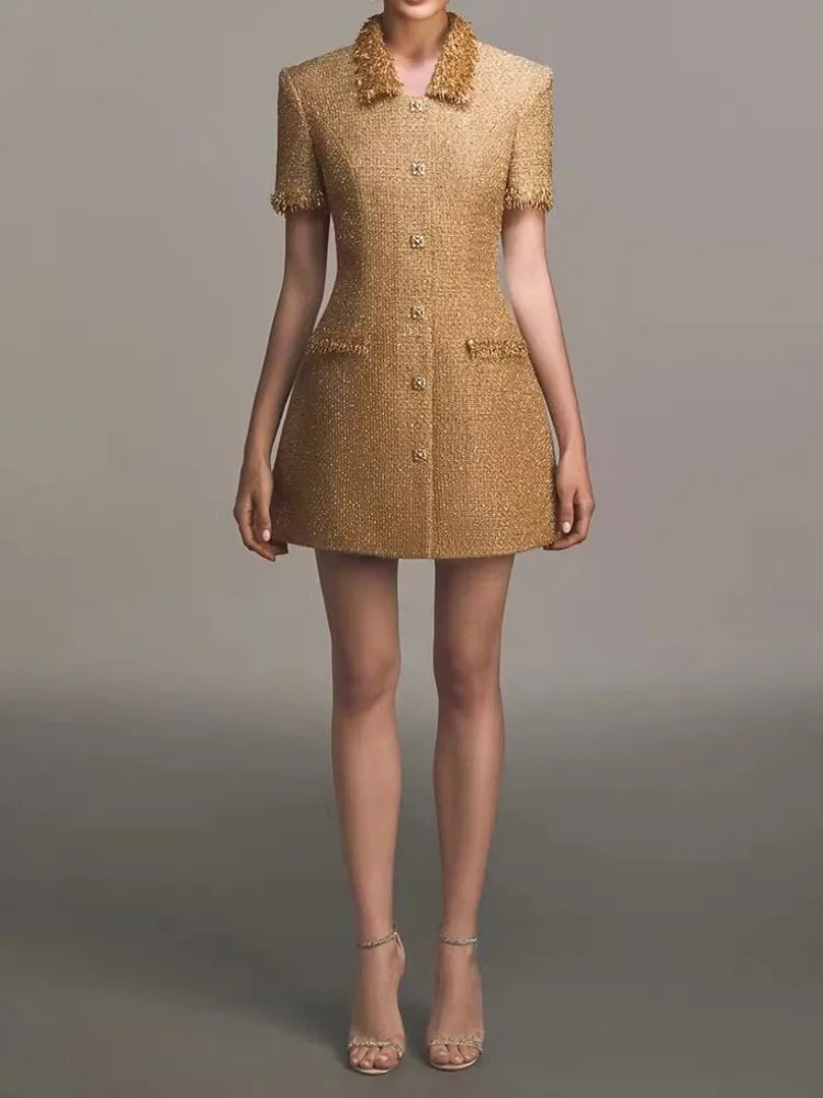 Luxury Women Elegant Tweed Dress Short Sleeve Sequined Beading Tassel High Waist Ladies Slim Fit Vintage A Line Mini Dresses