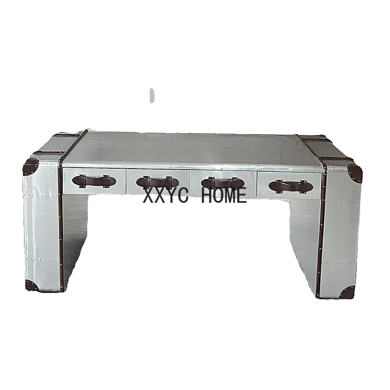 

Потертая авиационная алюминиевая кожаная книжная подставка, американская промышленная антикварная мебель, креативный офисный стол