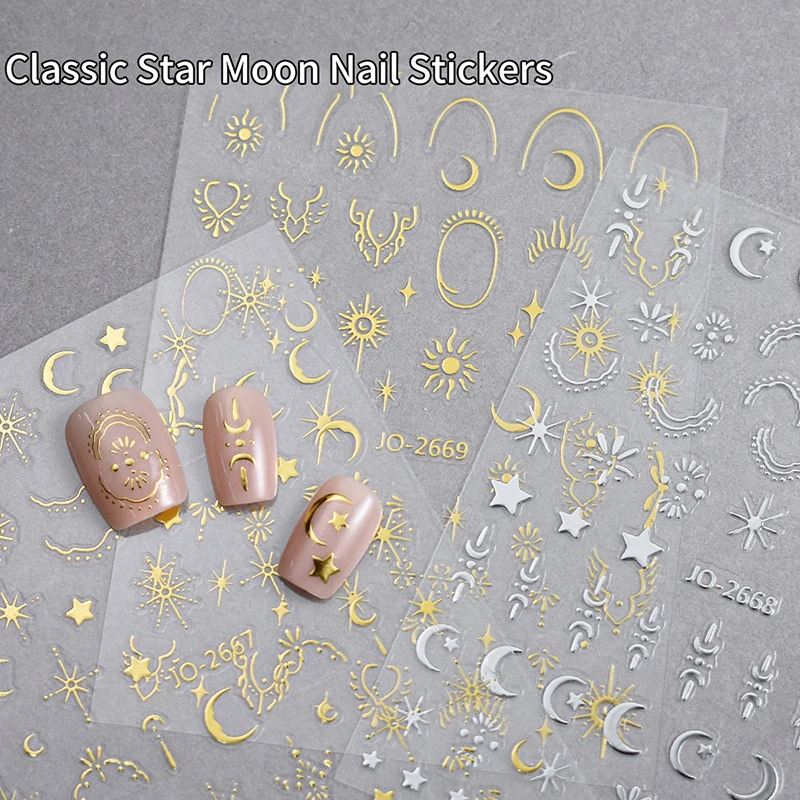 3D Gold Silver Star/Sun/Moon Bronzing Nail Art Sticker Laser Styles Nail Decal Self-Adhesive Slider For DIY Nails Design Decor