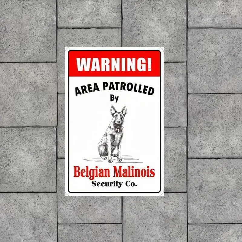 Retro Belgian Malinois Security Patrol Metal Tin Sign - Red - White Warning Design with Dog Graphic, Iron Material, for Security