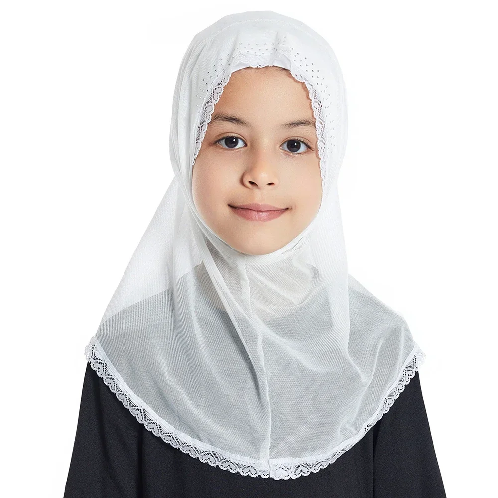 Kids Muslim Lace Rhinestone Girls Hijab Turban Caps One Piece Amira Islamic Under Scarf Shawls Headwear Wrap Hats Fit 2-6 Years