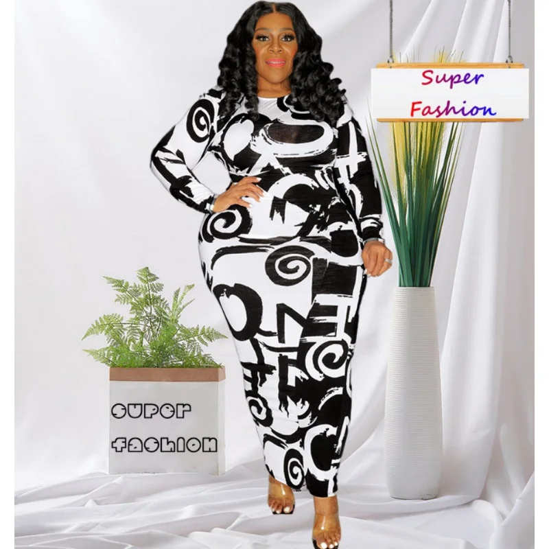 

WSFEC XL-5XL Elegant Evening Dresses for Women Clothing 2022 Plus Size Winter Fall Printing Long Sleeve Bodycon Sexy Party Dress