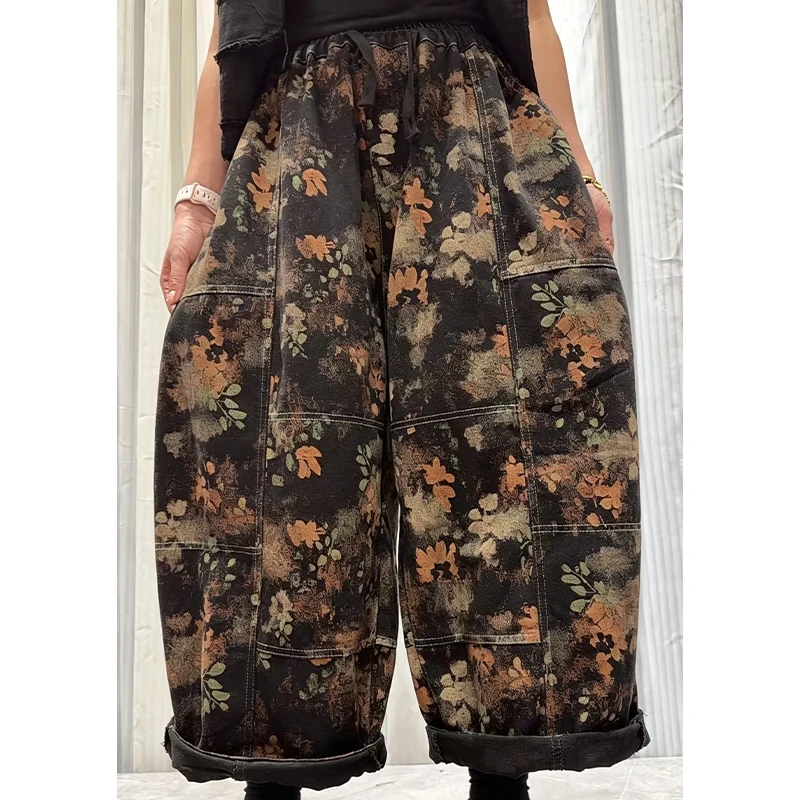 Amax LuluE Autumn Ladies Printed Denim Trousers Womens Fashion Leisure Loose Jeans Classic Vintage Elastic Waist Wide Leg Pants