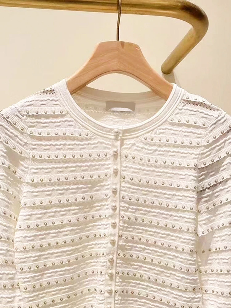 سترة نسائية محبوكة من S Home South Oil الراقية مع زخرفة لؤلؤية مخططة صغيرة Fraance Sle الخريف Faion #2