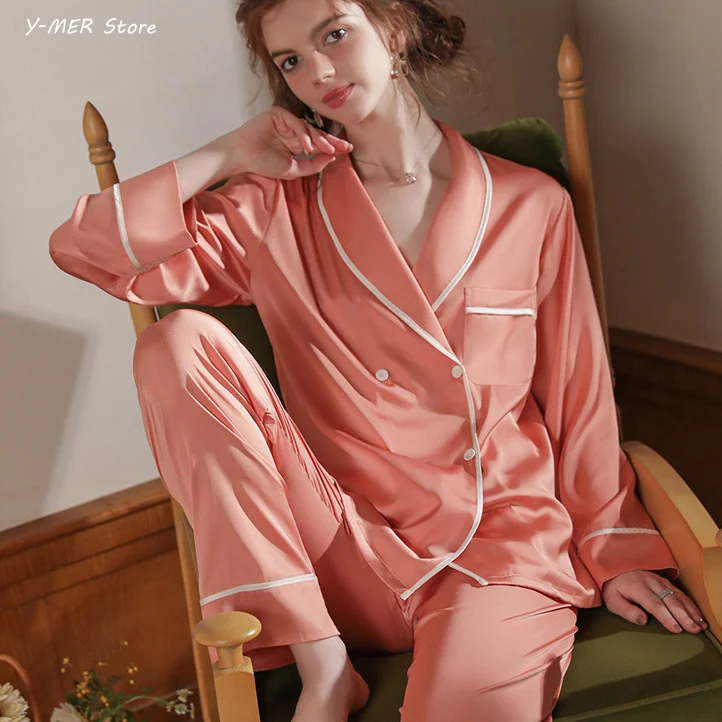 Lapel Long Sleeve Pajamas Suit Big Size 3Xl Two Piece Set Home Clothes Rayon Sleepwear Women Home Suit Pyjamas Pour Femme