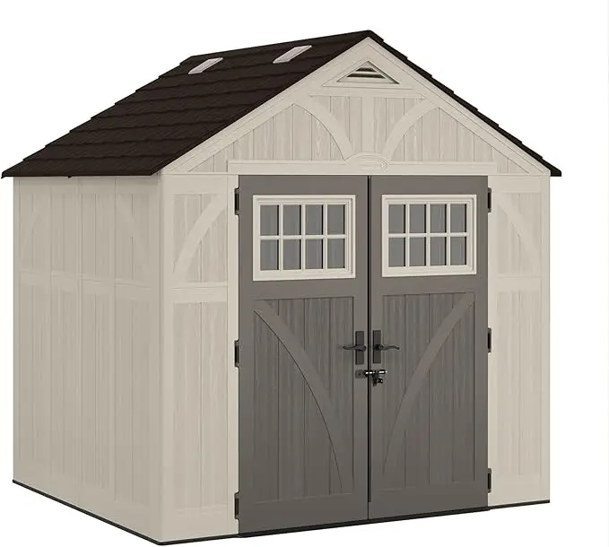 Heavy-Duty Resin Tremont Storage Shed with Reinforced Floor, Skylights for Natural Light, Lockable Double Doors, Cream