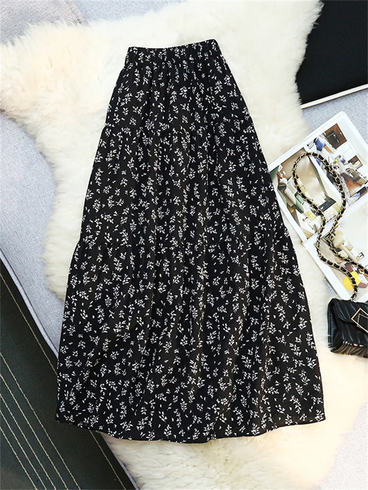 

Korean Sle High Waist A-Line Midi Skirt Women's Floral Print Elastic Waist Slimming Bla f-length Spring Summer New