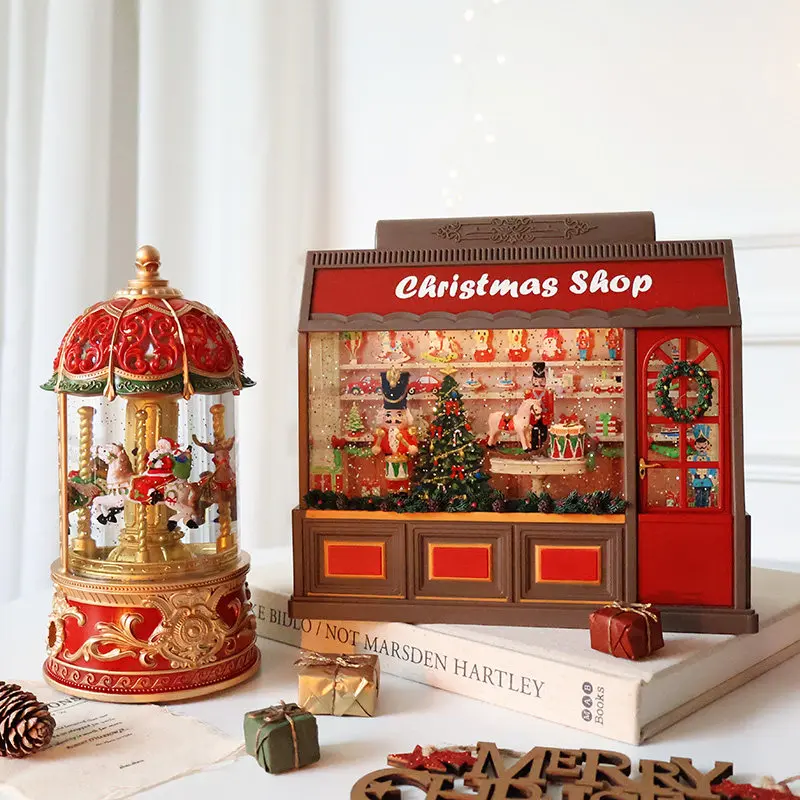 Micro landscape automatic snowing christmas music box carousel crystal ball gift