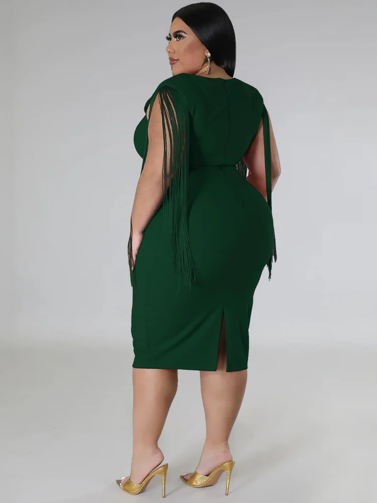 Wmstar Plus Size Party Dresses Women Tassel Slip Hem Elegant Bodycon Solid Midi Dress New Summer Clothes Wholesale Dropshipping