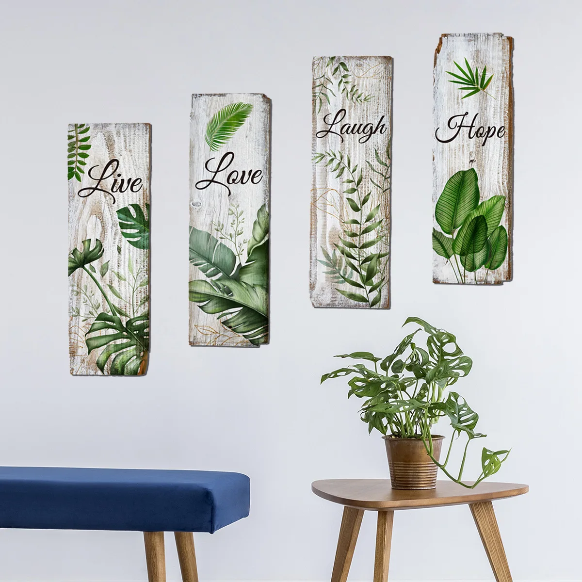 4PCS Green Leaves Tropical Plants Fake Plague Wall Sticker  Living Room Bedroom Decoration Art  Love Live Laugh Hope Quote Decal