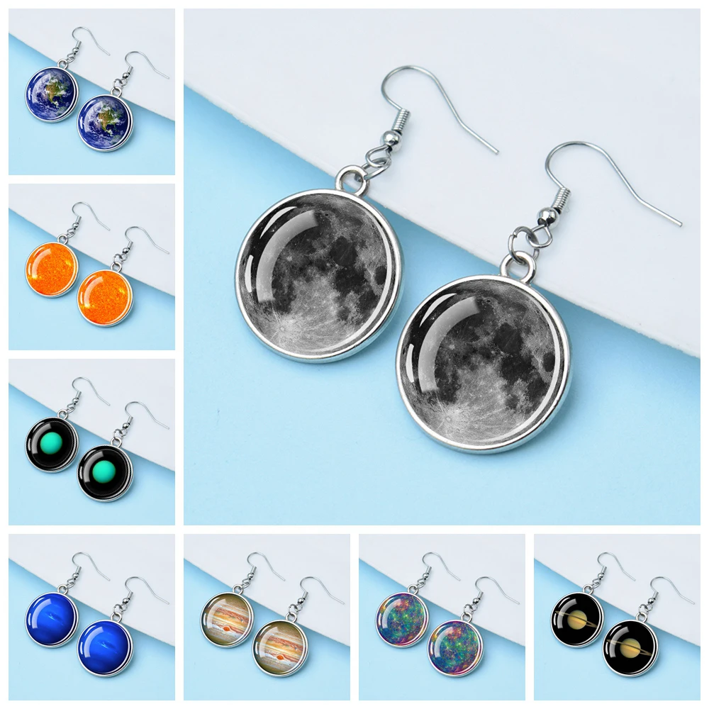 Solar System Planet Earring Moon Sun Earth Glass Dome Drop Earrings for Women Men Universe Space Astronomical Jewelry Gift