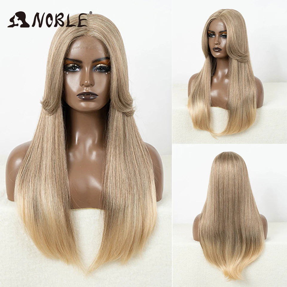 

Noble Cosplay Synthetic Lace Front Wigs For Women Ombre Brown With Bangs 24 Inch Straight Lace Wig Highlight Glueless Lace Wig