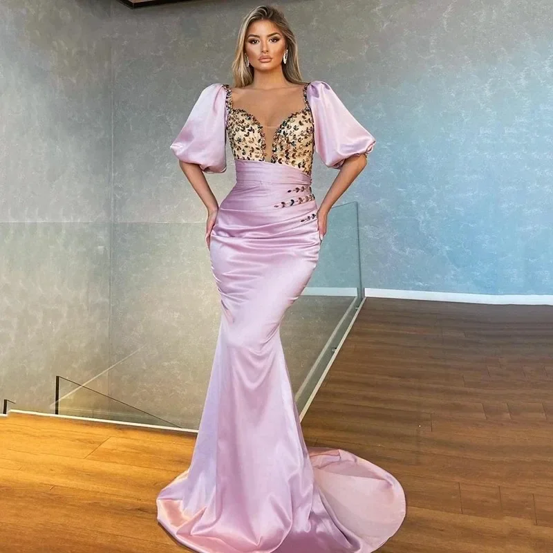 

Fashion Pink Mermaid Evening Dresses Half Puffy Sleeves Crystal Pleats Prom Dress Saudi Arabia Modern Party Gown